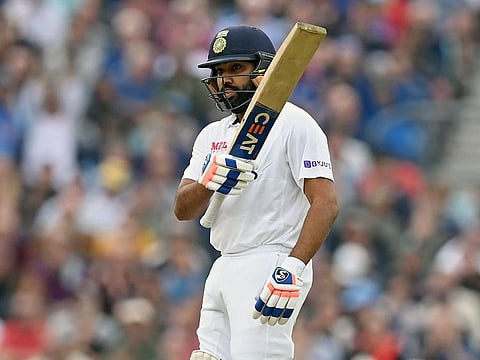 India's Rohit Sharma celebrates after completing his first overseas century against England