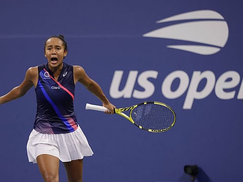 Leylah Fernandez of Canada celebrates after beating Angelique Kerber of Germany at the 2021 U.S. Open tennis tournament at USTA Billie Jean King National Tennis Center.