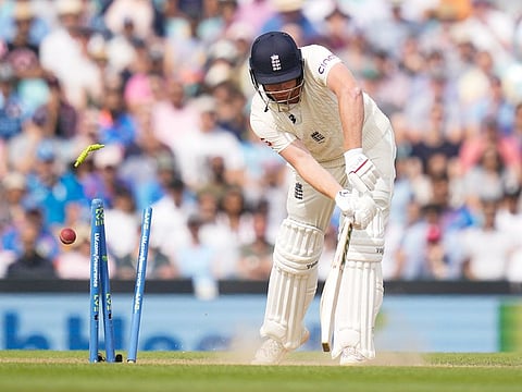 England's Jonny Bairstow is bowled by India's Jasprit Bumrah on day five of the fourth Test match at The Oval cricket ground in London.