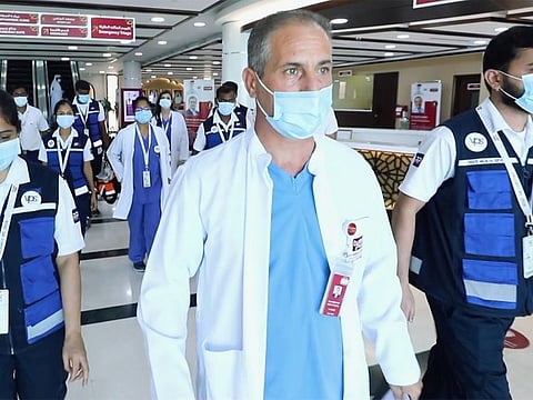 Members of a VPS Healthcare team in action during IPL 2020 in Dubai.