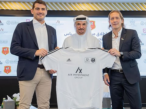 Iker Casillas, Michel Salgado and Saeed Hareb, Secretary General of DSC at the launch of the Iker Casillas Goalkeeper Training Centre