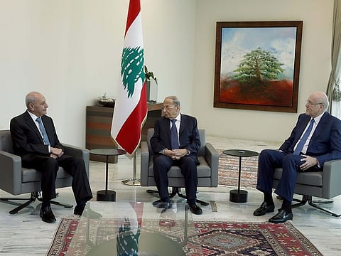 Lebanese President Michel Aoun during his meeting with new Prime Ministe Najib Mikati and Parliament Speaker Nabih Berri on September 10, 2021.