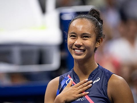 Leylah Fernandez of Canada celebrates after defeating Aryna Sabalenka of Belarus in their U.S. Open semi-final, 7-6 (3), 4-6, 6-4, at Arthur Ashe Stadium in New York, Sept. 9, 2021.
