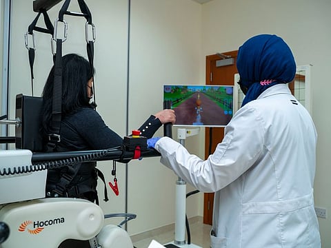 The Lokomat device helps to support the body’s walking movements, with patients’ legs guided to achieve normal muscle movements while on a treadmill.