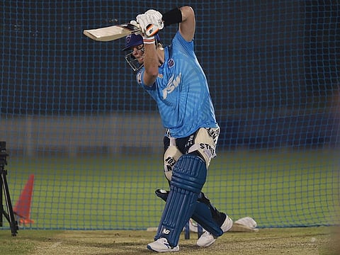 Steve Smith, former Australian captain, launches into a cover drive at Delhi Capitals' net session in Dubai.