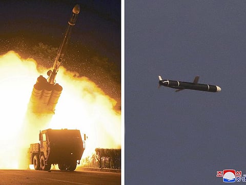 The Academy of National Defence Science conducts long-range cruise missile tests in North Korea, as pictured in this combination of undated photos supplied by North Korea’s Korean Central News Agency (KCNA) on September 13, 2021.