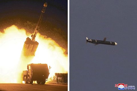 The Academy of National Defence Science conducts long-range cruise missile tests in North Korea, as pictured in this combination of undated photos supplied by North Korea's Korean Central News Agency (KCNA) on September 13, 2021.