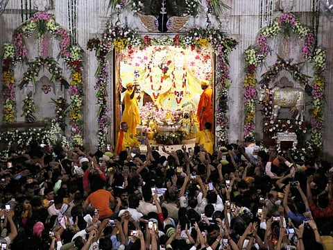 Devotees celebrate Sri Krishna Janamshtami at Sri Krishna Janambhoomi temple, in Mathura. The area where the ban came into effect on Friday night, a 10-square kilometre area from the Krishna Janmabhoomi temple complex