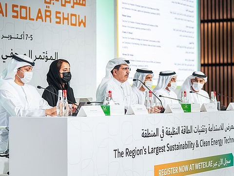 DEWA CEO Saeed Al Tayer (third from left) addressing the WETEX 2021 media briefing in Dubai on Monday.