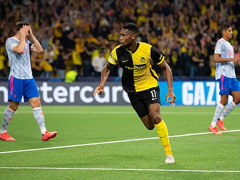 Young Boys' Jordan Siebatcheu celebrates scoring the winner against Manchester United.