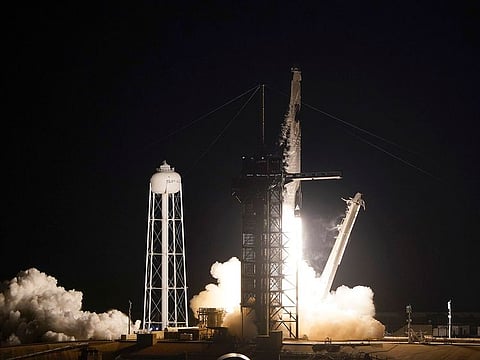A SpaceX Falcon 9 lifts off with four private citizens from Pad 39A at the Kennedy Space Center in Cape Canaveral, Fla., Wednesday, Sept. 15, 2021.