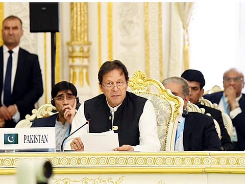Pakistan PM Imran Khan addressing the Shanghai Cooperation Organization (SCO) summit 2021 in Dushanbe, Tajikistan, on September 17, 2021.