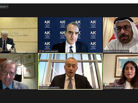 Speakers during the panel discussion at the virtual session to mark one year of Abraham Accords.