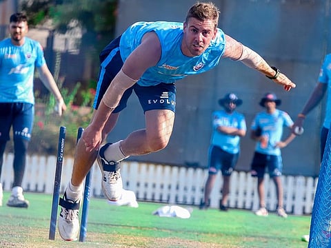Anrich Nortje, South African fast bowler, goes flat out at the Delhi Capitals nets session in Dubai.