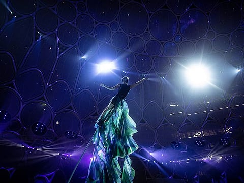 A performer practises during rehearsals for the opening ceremony of Expo 2020 Dubai in the centerpiece Al Wasl dome.