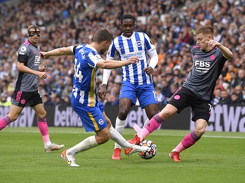 Leicester City's Harvey Barnes in action with Brighton & Hove Albion's Joel Veltman.