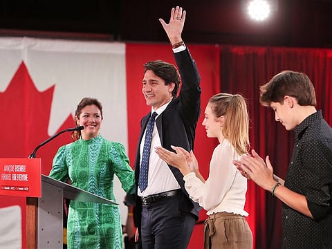 Justin Trudeau, Canada's prime minister, takes the stage with his wife Sophie Gregoire and their children Xavier and Ella-Grace during a Liberal Party election night event in Montreal, Quebec, Canada, in the early hours of September 21, 2021.