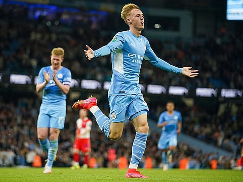 Manchester City's Cole Palmer celebrates his first ever goal for the club against Wycombe Wanderers