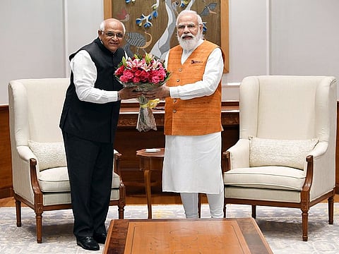 India's Prime Minister Narendra Modi with Bhupendra Patel, Gujarat Chief Minister in New Delhi