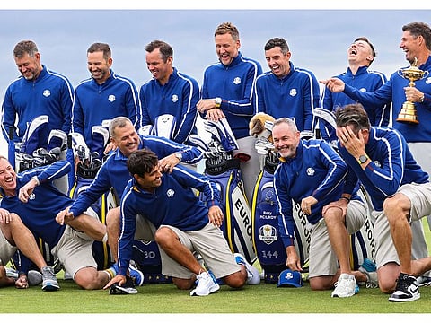 Team Europe share a laugh during their photoshoot ahead of the Ryder Cup