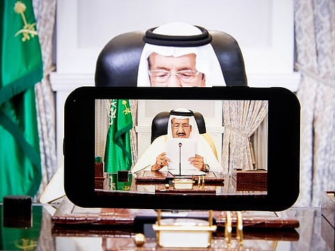 Saudi King Salman speaks in a prerecorded video during the United Nations General Assembly via live stream in New York, U.S., on Wednesday, Sept. 22, 2021.