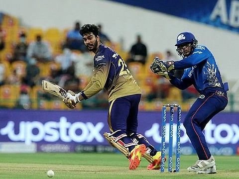 Venkatesh Iyer of Kolkata Knight Riders plays a shot during the IPL match against the Mumbai Indians, at the Sheikh Zayed Stadium, in Abu Dhabi.