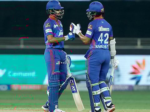 Steadying force: Shreyas Iyer (left) looked in fine nick during his crucial partnership with Shikhar Dhawan in Dubai on Wednesday.