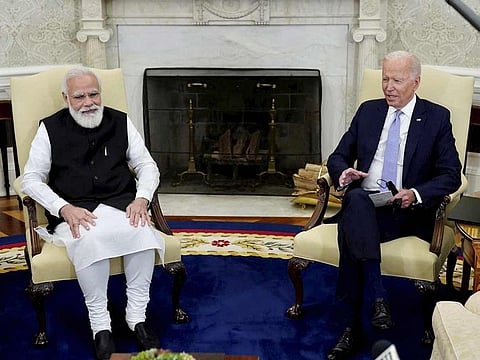 India's Prime Minister Narendra Modi with US President Joe Biden at the Oval Office of the White House (File)
