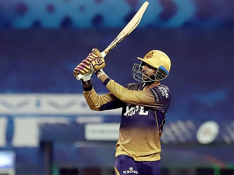 Venkatesh Iyer of the Kolkata Knight Riders in action during the IPL match against the Mumbai Indians in Abu Dhabi on September 23, 2021.