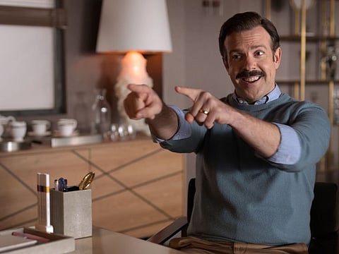 This image released by Apple TV Plus shows Jason Sudeikis in "Ted Lasso."