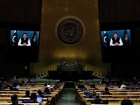 Pakistan Prime Minister Imran Khan, in a pre-recorded message, addresses the 76th session of the United Nations General Assembly, on September 24, 2021, at UN headquarters.
