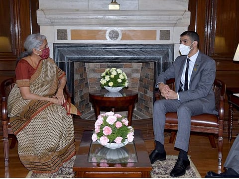 Dr. Thani Al Zeyoudi, Minister of State for Foreign Trade, meeting Nirmala Sitharaman, Minister of Finance, Government of India in New Delhi.