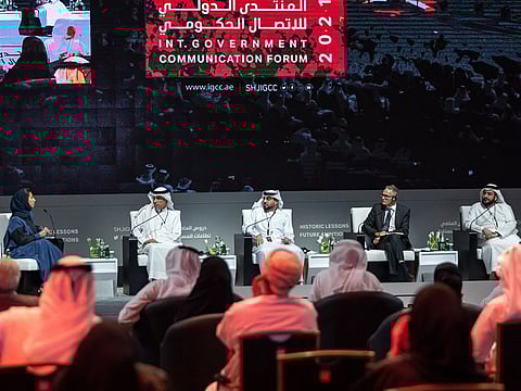 UAE Government Media Office Chairman Saeed Al Eter (centre) addressing IGCF in Sharjah on Sunday. Others on the panel are (from right): Badriyah Al Bishr, Dr Abdullah bin Ahmed Al Maghlouth, David Halpern and Mohammed Jalal Al Rayssi