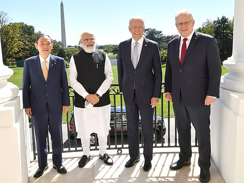Prime Minister Narendra Modi of India, President Joe Biden, Prime Minister Scott Morrison of Australia, and Prime Minister Suga Yoshihide of Japan, meet at the White House in Washington