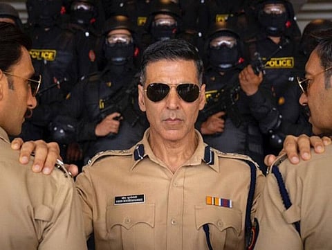 A still from 'Sooryavanshi' featuring Ranveer Singh, Akshay Kumar and Ajay Devgn