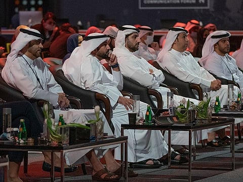 Sheikh Sultan bin Ahmed bin Sultan Al Qasimi, Deputy Ruler of Sharjah (centre), and other delegates listen to a session at IGCF 2021 at Expo Centre Sharjah