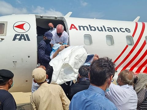 Ailing Pakistani comedian Umer Sharif being shifted to air ambulance on September 28, 2021.