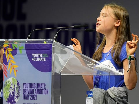 Swedish climate activist Greta Thunberg speaks during a three-day Youth for Climate summit in Milan, Italy, on September 28, 2021.