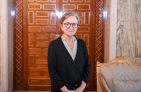 Newly appointed Prime Minister Najla Bouden Romdhane poses for a picture during her meeting with Tunisia's President Kais Saied, in Tunis, Tunisia September 29, 2021.