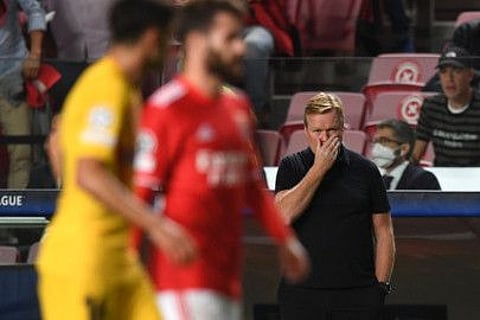 Under pressure... Barcelona coach Ronald Koeman reacts during the UEFA Champions League first round Group E match against Benfica at the Luz stadium in Lisbon.