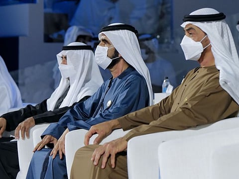 His Highness Sheikh Mohammed bin Rashid Al Maktoum, Vice-President and Prime Minister of the UAE and Ruler of Dubai, His Highness Sheikh Mohamed bin Zayed Al Nahyan, Crown Prince of Abu Dhabi and Deputy Supreme Commander of the UAE Armed Forces and Sheikh Nahyan bin Mubarak Al Nahyan, Minister of Tolerance and Coexistence during the opening ceremony of the Expo 2020 Dubai.