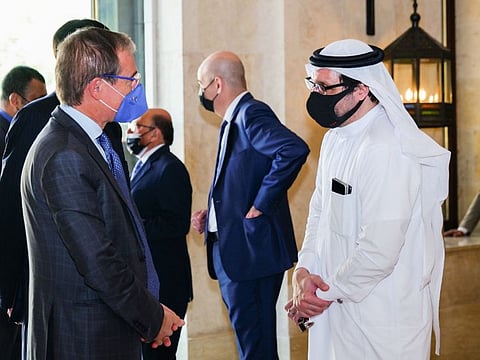 Guests being welcomed by Akbar Verjee, Diplomatic Relations for Ismaili Centre, while Tareq al Gurg, CEO Dubai Cares speaks with Nicola Lener, Italian Ambassador to the UAE