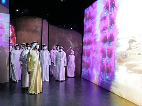 His Highness Sheikh Mohammed bin Rashid Al Maktoum, Vice President and Prime Minister of the UAE and Ruler of Dubai, visited UAE pavilion as he toured the venue of Expo 2020, which began in Dubai today.