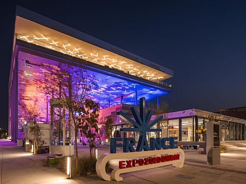 Night view of the France Pavilion at Expo 2020 Dubai.