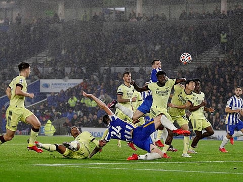 Brighton & Hove Albion's Shane Duffy is fouled by Arsenal's Gabriel leading to appeals for a penalty.
