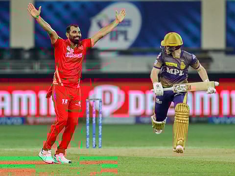 Mohammad Shami of Punjab Kings appeals for the wicket of Eoin Morgan captain of Kolkata Knight Riders during match 45 of the Indian Premier League. Morgan was out for 2 and has been struggling with the bat of late.