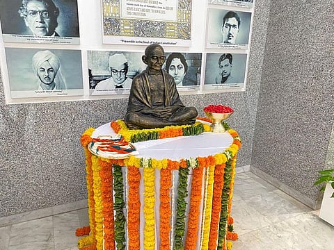 A statue of Mahatma Gandhi at Indian Consulate in Dubai.