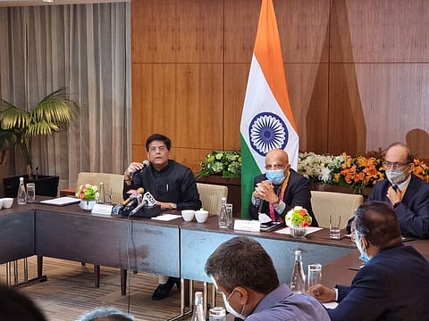 India’s commerce minister Piyush Goyal (left) addresses the media in Dubai yesterday.