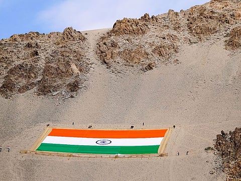 World's largest Khadi national flag installed in Leh on the occasion of Mahatma Gandhi's 152nd birth anniversary.