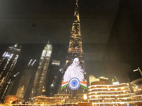 The Burj Khalifa last night illuminated with images and famous quotes of India’s Father of the Nation Mahatma Gandhi marking his 152nd birth anniversary.